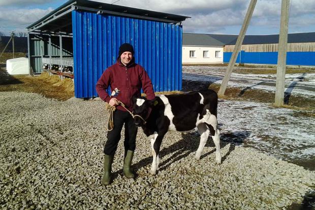 Петро Нечипор та теличка, яка народилася першою на фермі | Фото: Надія Сухарник