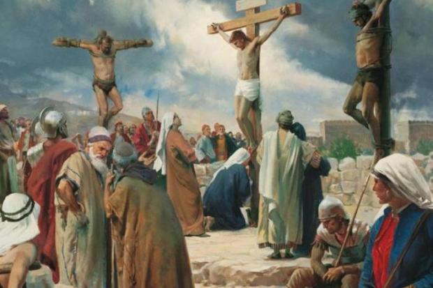 Ісуса повели на Голгофу &mdash; традиційне єрусалимське місце страт, де він був розіп'ятий між двома розбійниками з