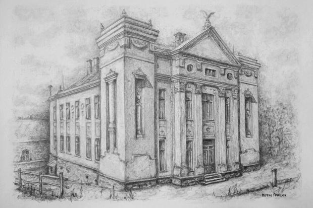 Малюнок зроблено олівцем і зображає будівлю у 20-х роках минулого століття