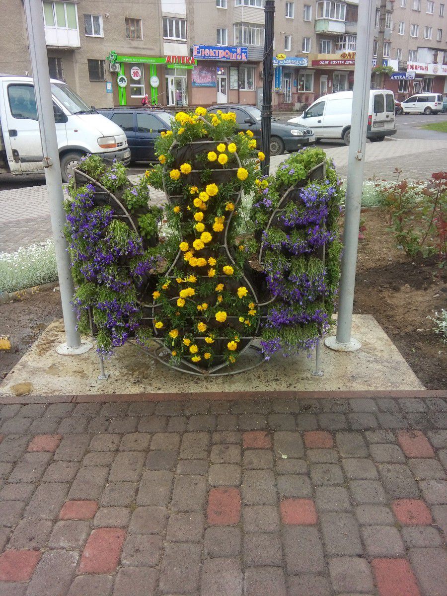 Біля пам'ятника Романові Шухевичу у Калуші облаштували клумбу у формі тризуба | Фото: vikna.if.ua