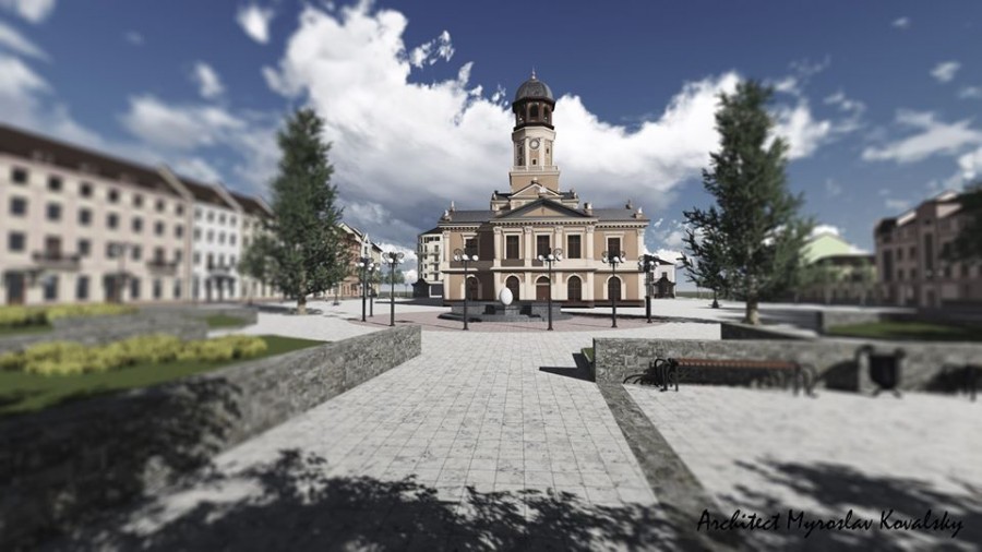 Ратуша мала вигляд величного прямокутного двоповерхового будинку з високою вежею